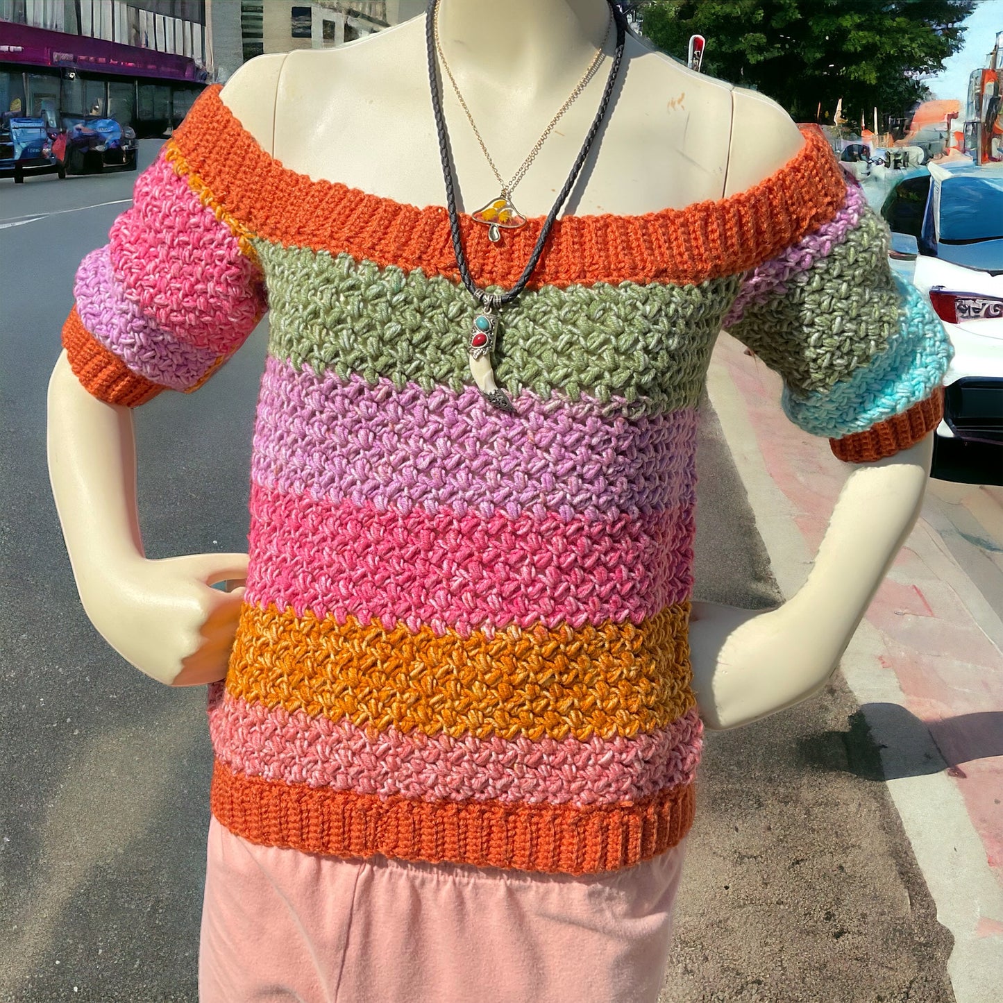 One Of A Kind Handmade Reversible Crochet Off The Shoulder Sweater Top Sz Med Multicolor