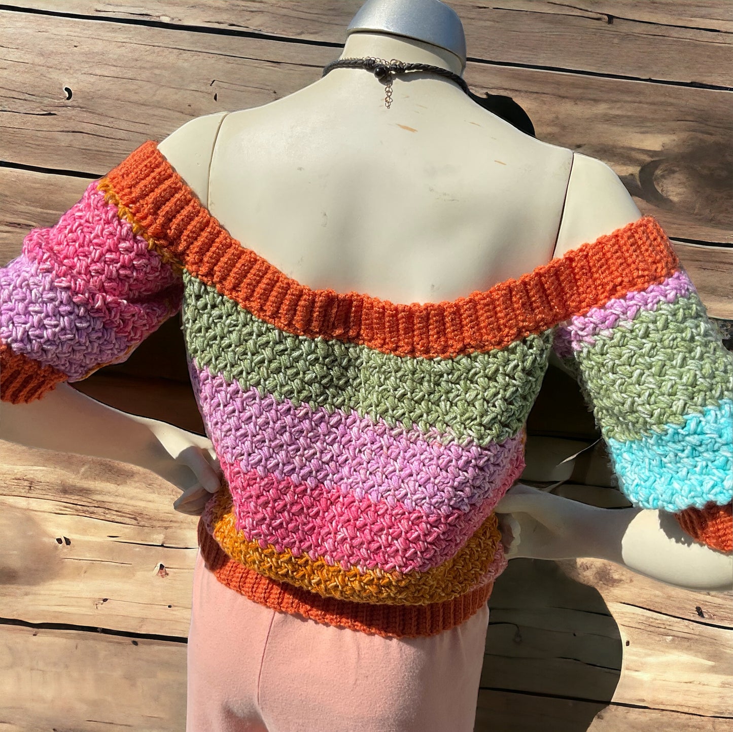 One Of A Kind Handmade Reversible Crochet Off The Shoulder Sweater Top Sz Med Multicolor