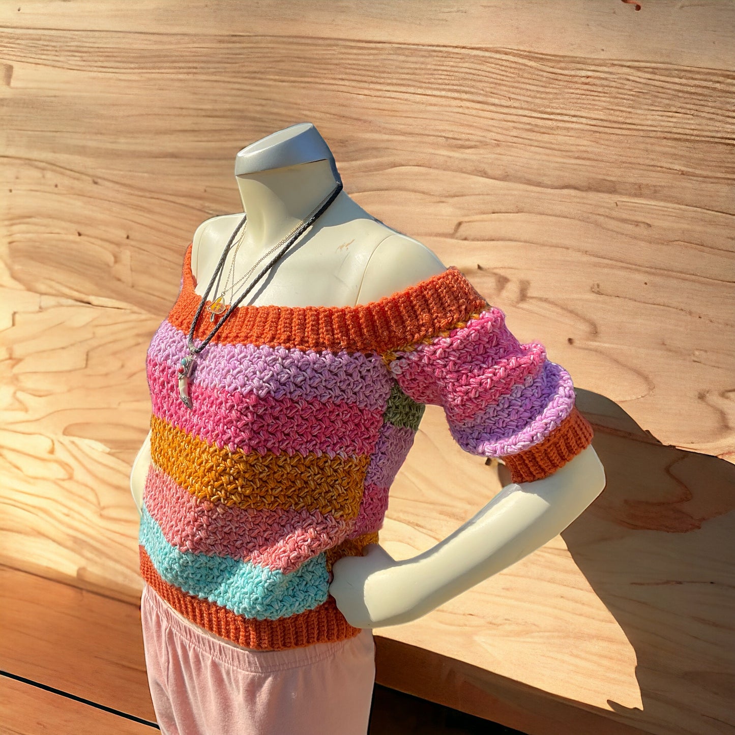 One Of A Kind Handmade Reversible Crochet Off The Shoulder Sweater Top Sz Med Multicolor