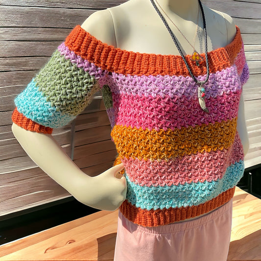 One Of A Kind Handmade Reversible Crochet Off The Shoulder Sweater Top Sz Med Multicolor