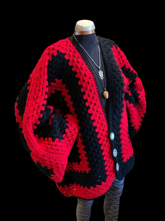 Oversized Sm/XL Red & Black Striped Hexi Cardigan Sweater with granny Square back