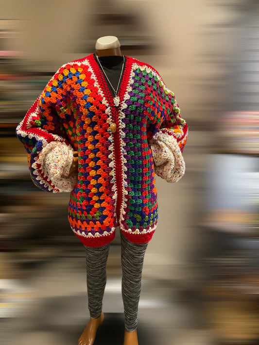 Handmade Oversized Pullover Granny Square Hexi Cardigan Multi-Colored, Long Sleeve, Sweater