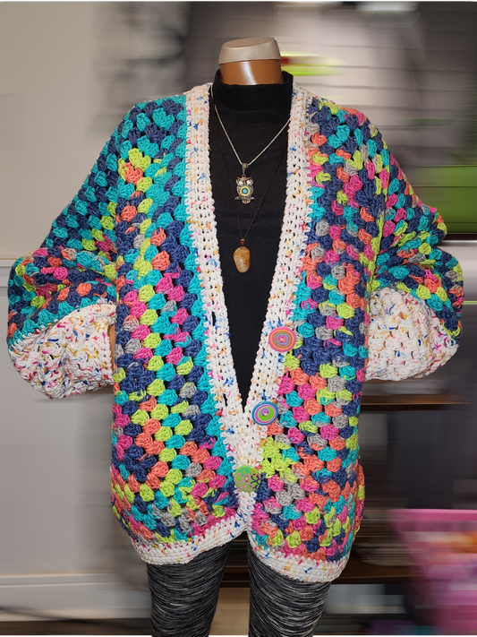 Handmade Oversized Crochet Multi Colored Cardigan Med-XXL Button Front Green, Blue,Pink, Orange, White, Festive