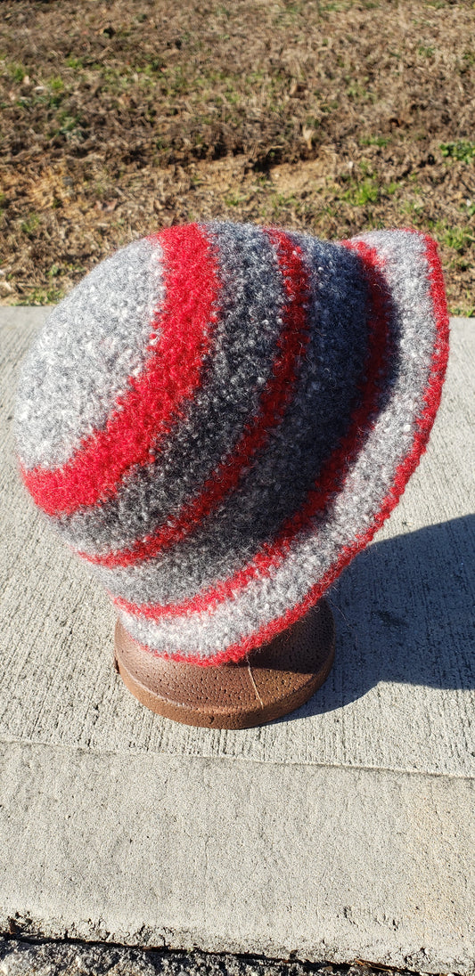 Red and Grey Felted Wool Crochet Hat