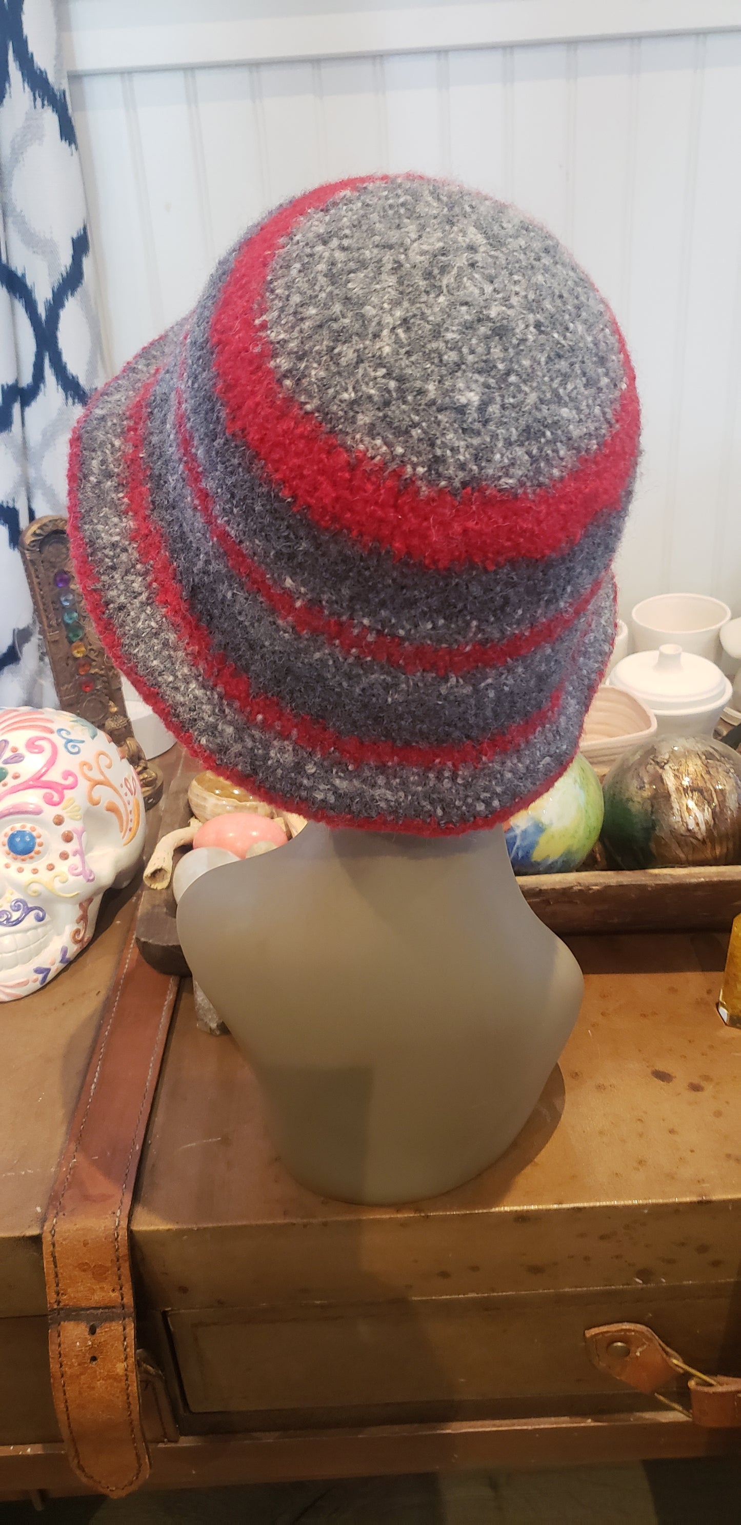 Red and Grey Felted Wool Crochet Hat