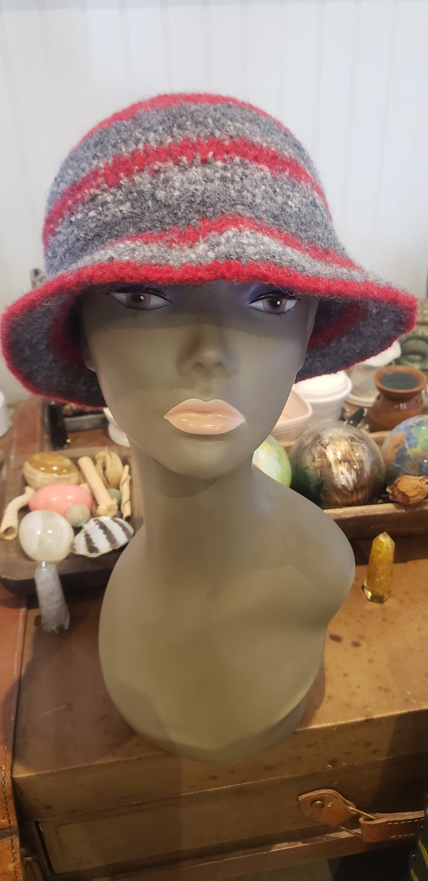 Red and Grey Felted Wool Crochet Hat