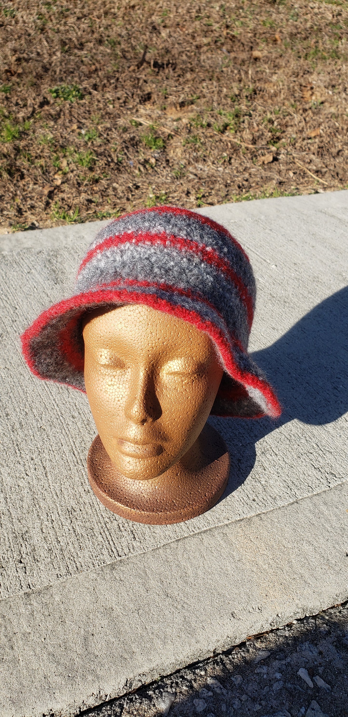 Red and Grey Felted Wool Crochet Hat