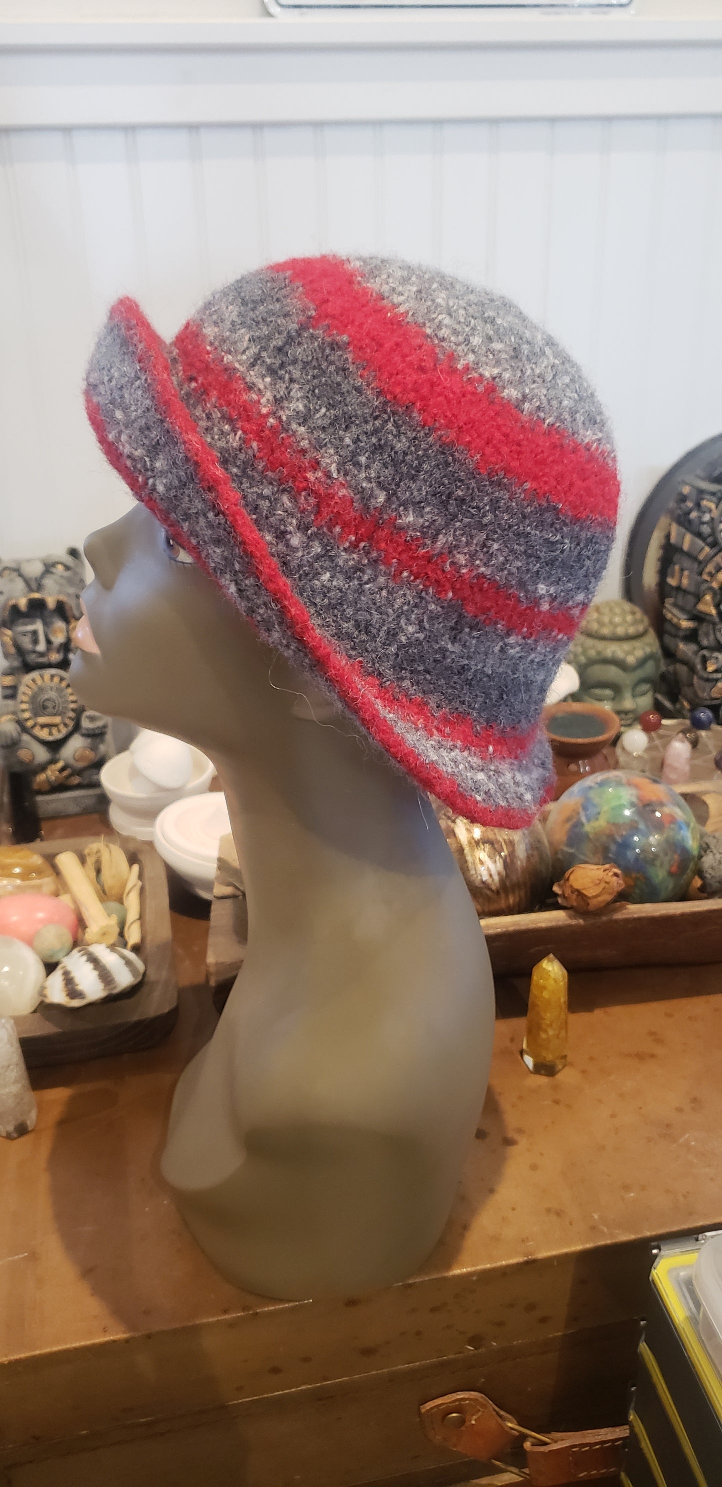 Red and Grey Felted Wool Crochet Hat