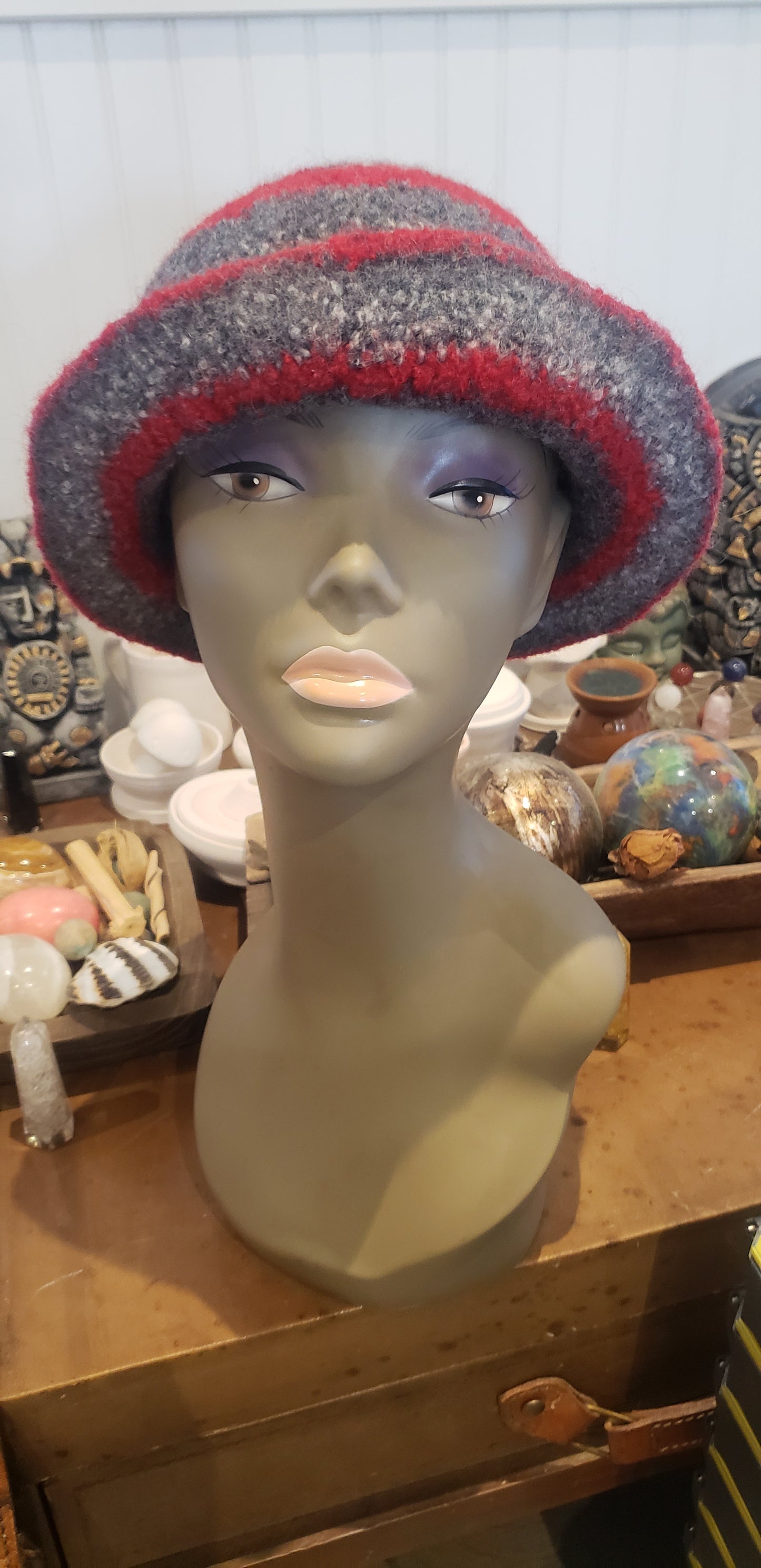 Red and Grey Felted Wool Crochet Hat