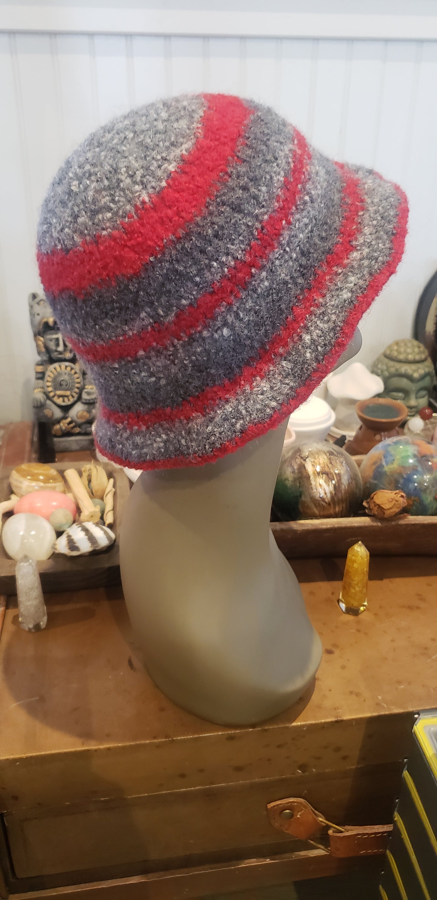 Red and Grey Felted Wool Crochet Hat