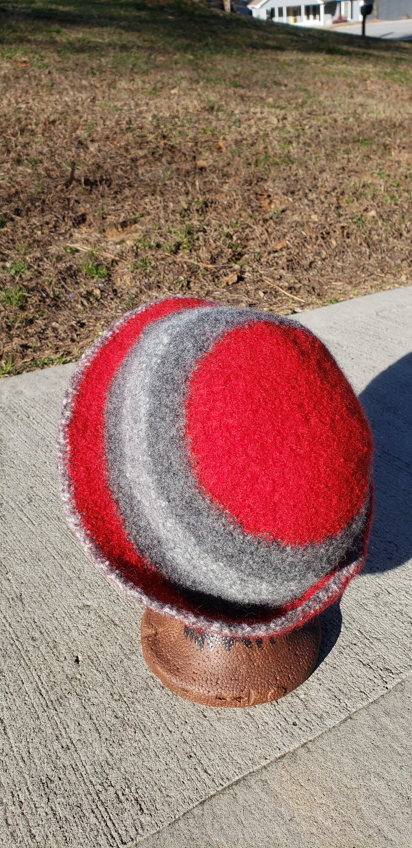 Grey and Red Felted Wool Crochet Hat