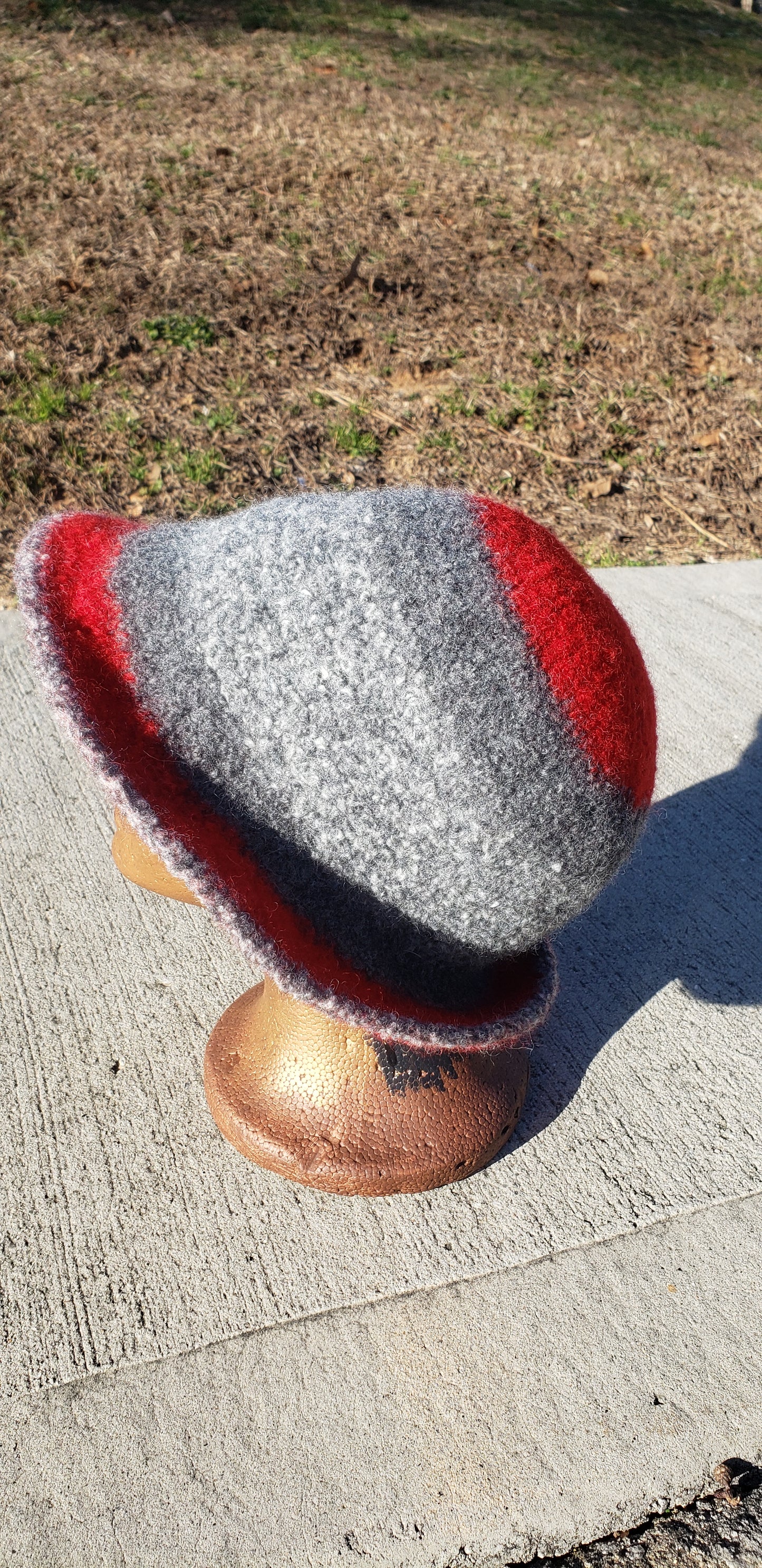 Grey and Red Felted Wool Crochet Hat