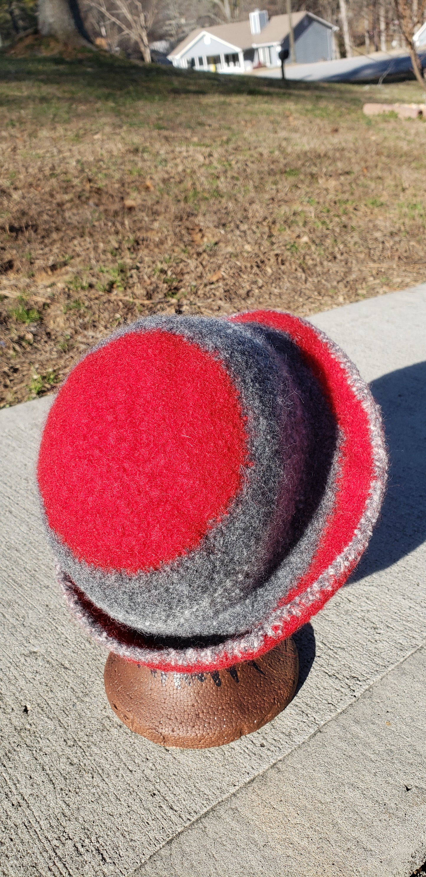 Grey and Red Felted Wool Crochet Hat