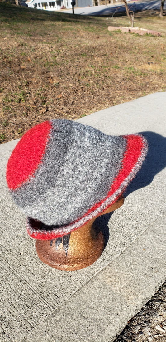 Grey and Red Felted Wool Crochet Hat