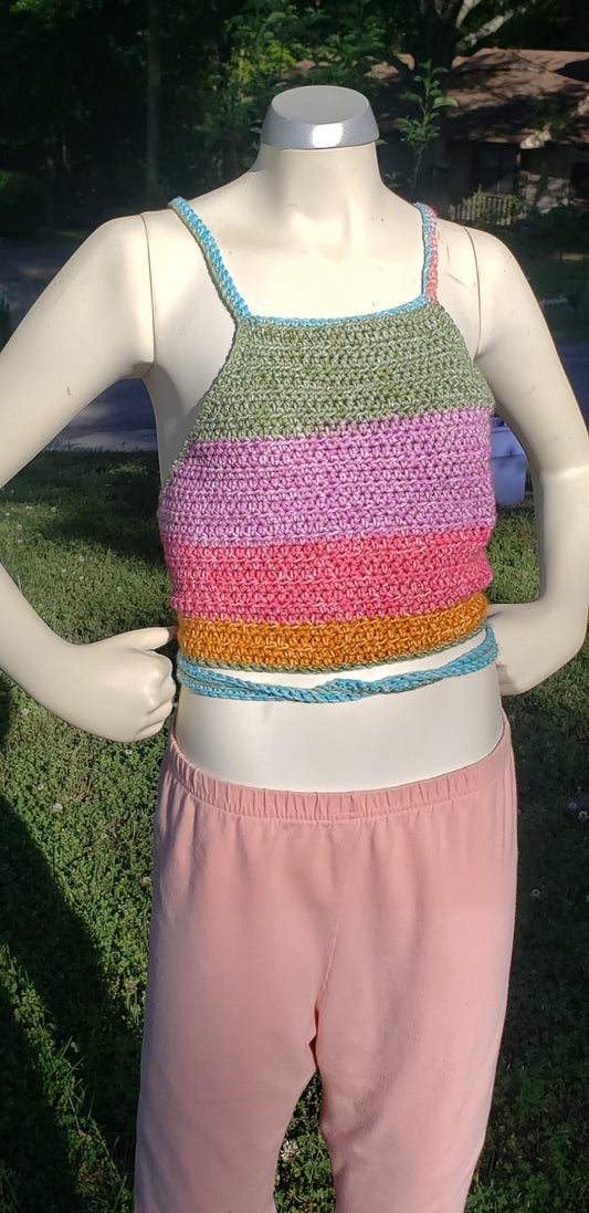 Handmade Crochet Halter Top, Multicolored, Green, Purple, Pink, Orange, Blue Yarn Tank Top
