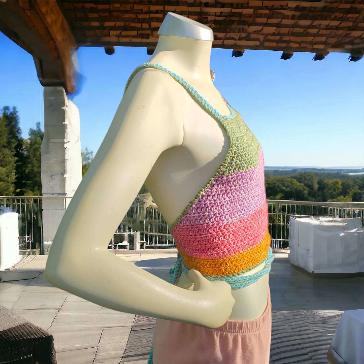 Handmade Crochet Halter Top, Multicolored, Green, Purple, Pink, Orange, Blue Yarn Tank Top